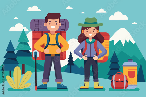 A man and a woman wearing backpacks, hiking through the mountainous terrain, Backpackers Customizable Flat Illustration