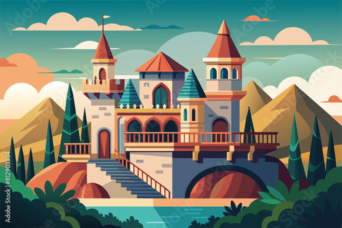 A medieval castle featuring a bridge in its center, overlooking the surrounding area, Balcony castle Customizable Disproportionate Illustration