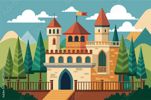 A castle with a flag flying on top of it, showcasing its grandeur and historic significance, Balcony castle Customizable Disproportionate Illustration