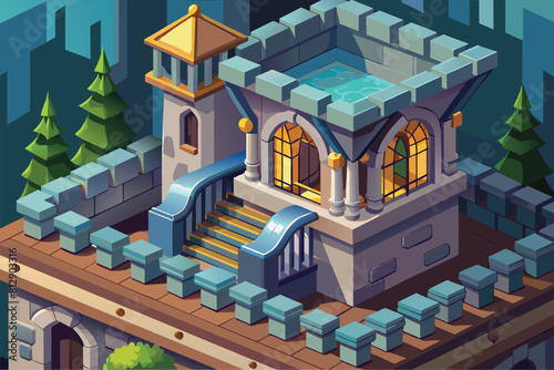 A building featuring a central staircase and ramp for accessibility, Balcony castle Customizable Isometric Illustration