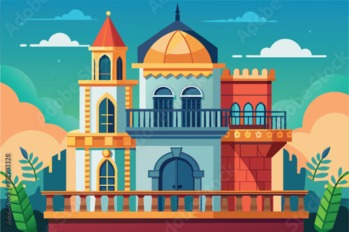 A building featuring a tower and balcony in a semi-flat customizable illustration, Balcony castle Customizable Semi Flat Illustration