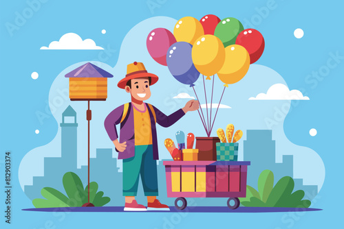 A man selling colorful balloons from a cart on a busy street, Balloon seller Customizable Flat Illustration