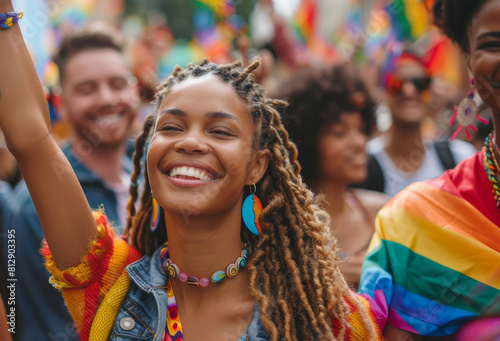 A vibrant LGBT Pride parade with participants from diverse cultural backgrounds celebrating together.. AI generated. © Petr
