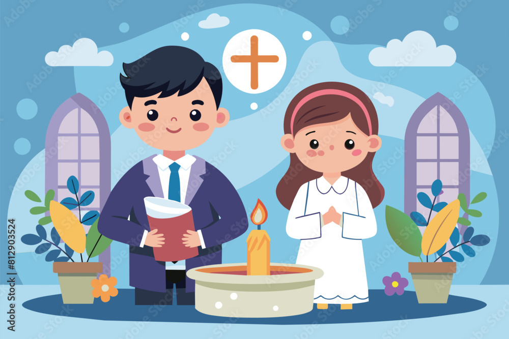 Fototapeta premium A man and a woman are standing in front of a candle, Baptism Customizable Cartoon Illustration