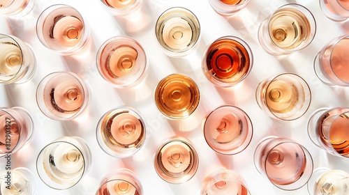 Rose wine variety layout Flatlay of rose wine in various glasses over plain white background top view Summer drink for party wine shop or wine tasting concept   Generative AI