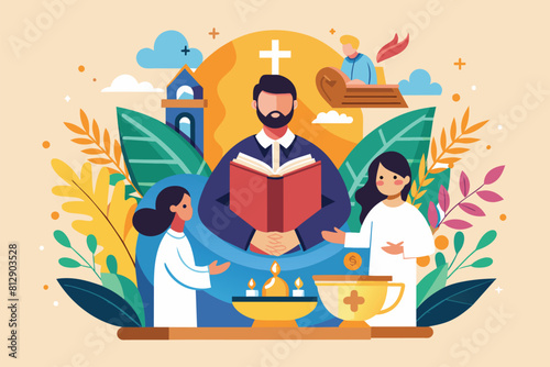 A priest is reading a book to a group of attentive people, Baptism Customizable Disproportionate Illustration