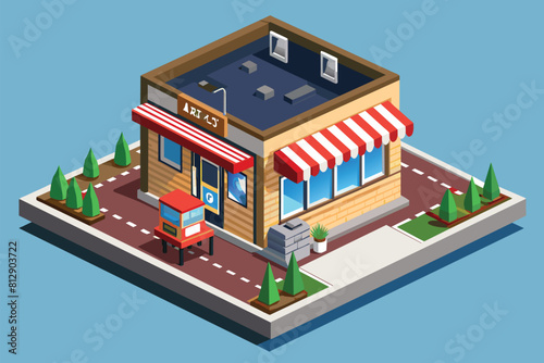 A small building with a red and white awning outside  Barber Customizable Isometric Illustration