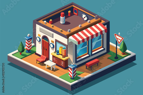A small building with a red and white awning in an urban setting  Barber Customizable Isometric Illustration