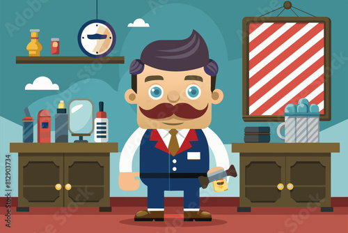 A man with a mustache is firmly holding a wrench in a barbershop setting, Barbershop Customizable Cartoon Illustration