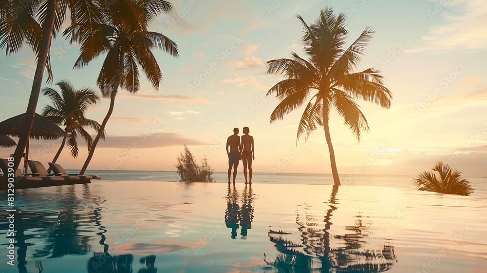Couple enjoying beach vacation holidays at tropical resort with swimming pool and coconut palm trees near the coast with beautiful landscape at sunset honeymoon destination : Generative AI