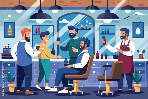 Diverse group of customers gathered outside a busy barber shop, Barbershop full of clients Customizable Semi Flat Illustration