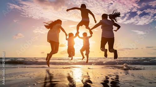 Happy asian family jumping together on the beach in holiday Silhouette of the family holding hands enjoying the sunset on the  beachHappy family travel and vacations concept : Generative AI photo