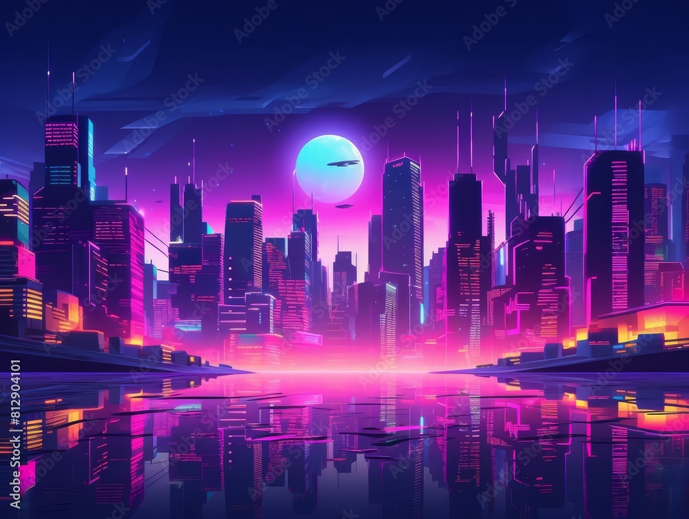 Paper art style of a futuristic cityscape highlighted with synthwave colors, enhancing the modern urban aesthetic