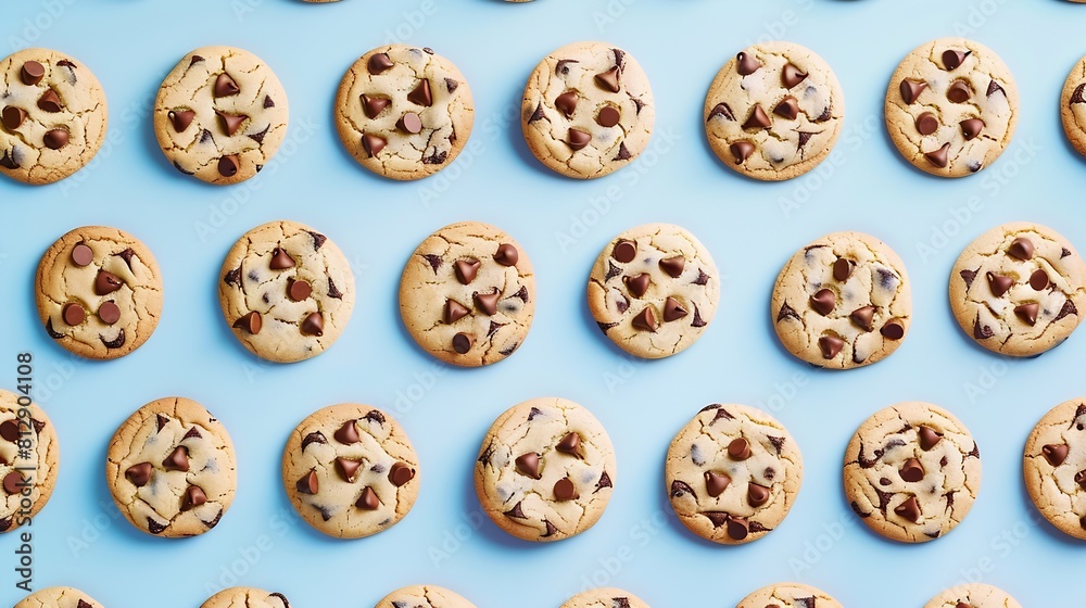 Creative pattern made with chocolate chip cookies on pastel blue background Happy sweet optimistic life idea Fun food or dessert concept Spring or summer layout : Generative AI Creative pattern made with chocolate chip cookies on pastel blue background Happy sweet optimistic life idea Fun food or dessert concept Spring or summer layout : Generative AI