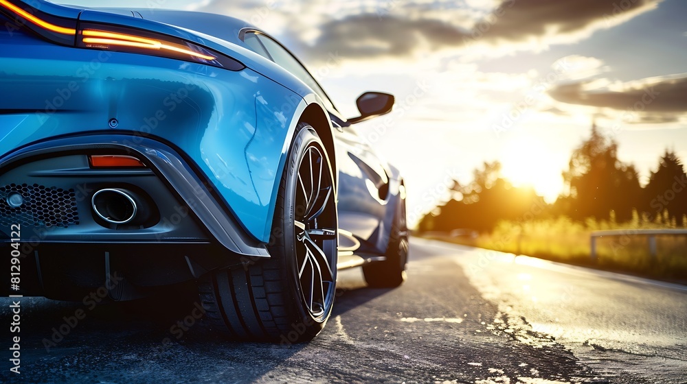 Blue car on asphalt road in summer : Generative AI Blue car on asphalt road in summer : Generative AI