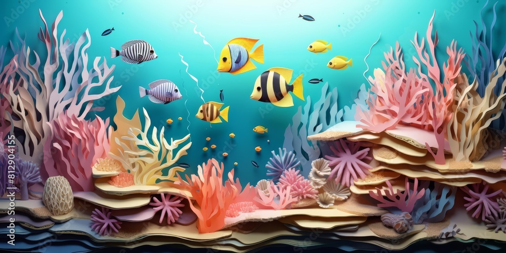 Paper art style of a serene underwater scene featuring coral reefs and tropical fish in solid colors, promoting marine life awareness Paper art style of a serene underwater scene featuring coral reefs and tropical fish in solid colors, promoting marine life awareness