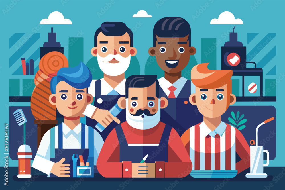 A team of men from a barbershop standing together in this customizable flat illustration, Barbershop team Customizable Flat Illustration