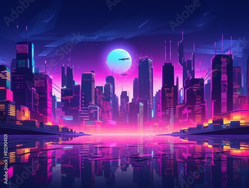 Paper art style of a futuristic cityscape highlighted with synthwave colors  enhancing the modern urban aesthetic