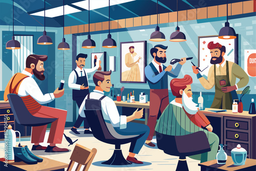 Several men are getting their haircuts in a bustling barber shop filled with clients and barbers at work, Barbershop full of clients Customizable Semi Flat Illustration