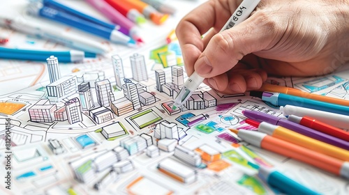 master plan of urban landscape design or urban architecture drawing by mans hand with color marker pen on white paper and group of color marker pens with English and Thai language in p : Generative AI