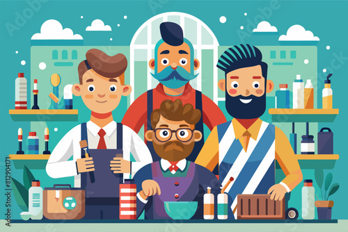 A team of men gathered outside a bar, Barbershop team Customizable Flat Illustration