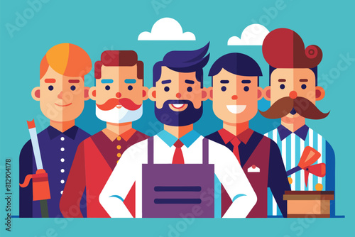 A team of barbershop professionals standing in a row, showcasing unity and teamwork, Barbershop team Customizable Semi Flat Illustration