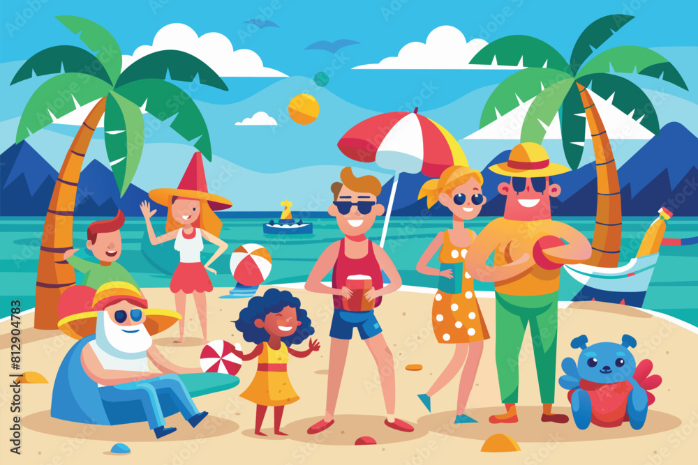 A group of people standing on a sandy beach, enjoying the view of the ocean and connecting with nature, Beach party Customizable Disproportionate Illustration A group of people standing on a sandy beach, enjoying the view of the ocean and connecting with nature, Beach party Customizable Disproportionate Illustration
