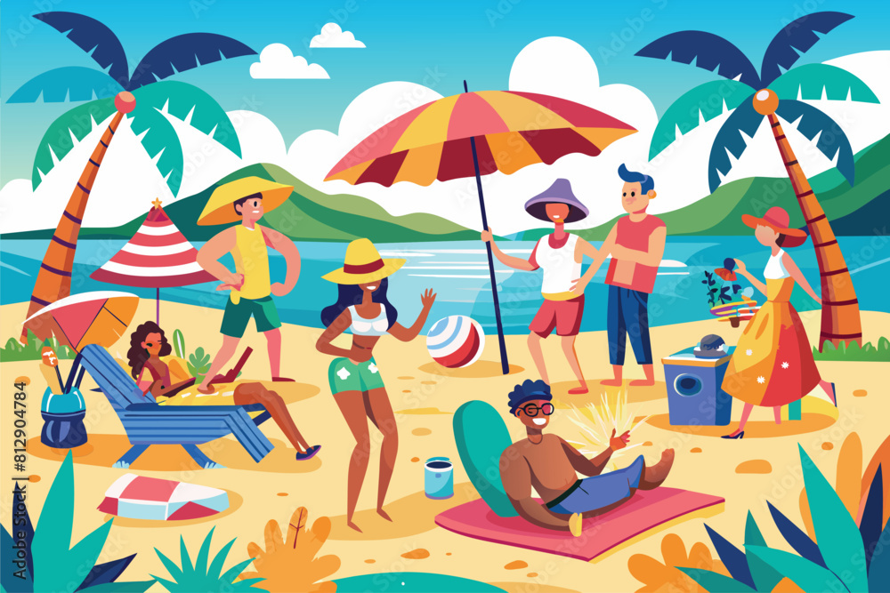 Crowd of people enjoying the beach under colorful umbrellas on a sunny day, Beach party Customizable Disproportionate Illustration