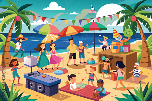 A group of individuals standing on a sandy beach with the ocean in the background, Beach party Customizable Cartoon Illustration