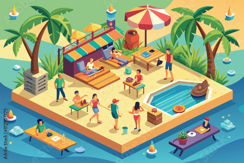 Group of individuals gathered around a pool during a beach party event, Beach party Customizable Isometric Illustration
