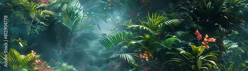 Capture a futuristic botanical garden from a worms-eye view