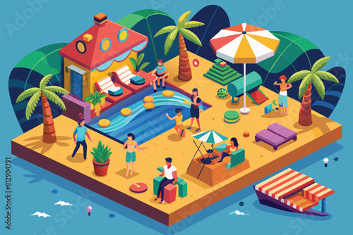 A group of individuals standing near a swimming pool, socializing and enjoying the poolside atmosphere, Beach party Customizable Isometric Illustration © Iftikhar alam