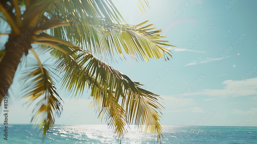 Beautiful sea view with palm tree on sunny day : Generative AI