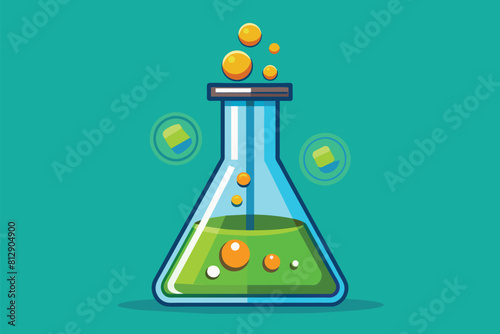 Clear glass beaker filled with vibrant green liquid, chemistry laboratory equipment, Beaker chemistry Customizable Semi Flat Illustration