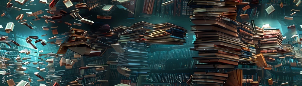 Craft a scene of a surreal floating library with books cascading from the sky Explore the concept of knowledge overload from an unexpected angle Incorporate intricate details and m