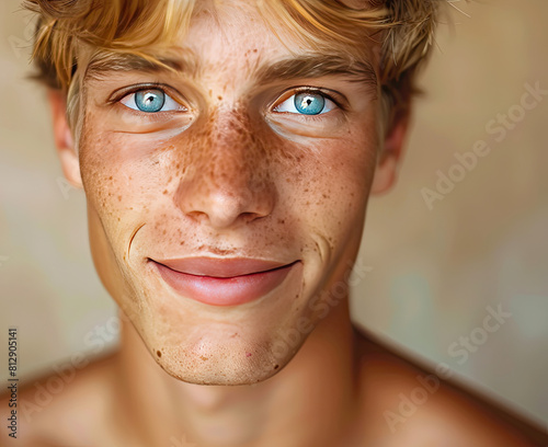 Freckles blonde blueeyed man, perfect skin smiling