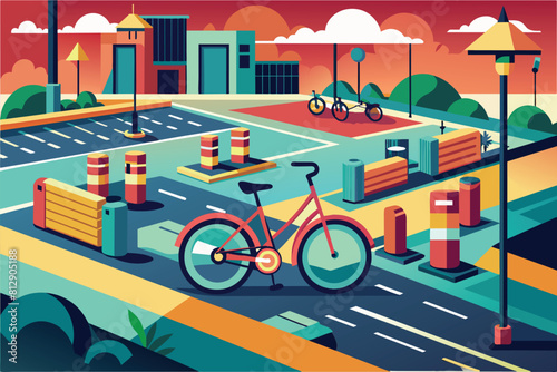 A bicycle parked in a large parking lot surrounded by empty spaces on a sunny day, Bike parking Customizable Disproportionate Illustration