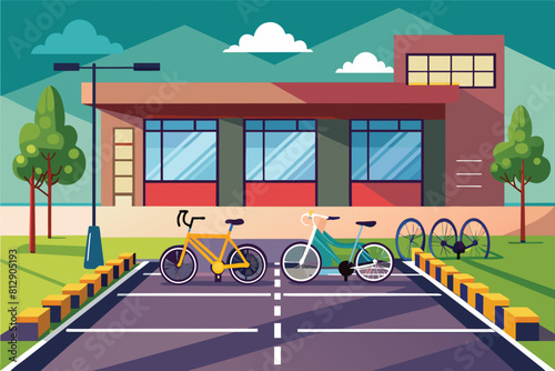 Two bicycles parked on a tennis court under the bright sun, Bike parking Customizable Flat Illustration