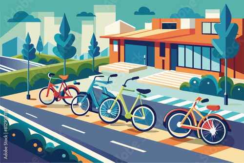 Several bikes parked in a row on the side of a road, Bike parking Customizable Disproportionate Illustration