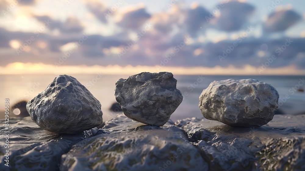 Three Rock Tops for a Product Display Showing Middle Close Focus to the Stone Surface on an Artistic Cloudy Foreground and Background with a Bokeh Balls Sky : Generative AI Three Rock Tops for a Product Display Showing Middle Close Focus to the Stone Surface on an Artistic Cloudy Foreground and Background with a Bokeh Balls Sky : Generative AI