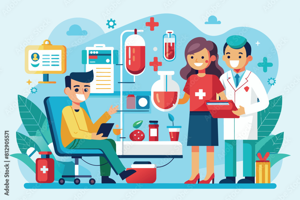Several individuals gathered in a hospital room, Blood donation Customizable Flat Illustration Several individuals gathered in a hospital room, Blood donation Customizable Flat Illustration