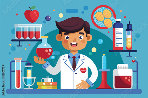 A man in a lab coat holding a glass container in a laboratory setting, Blood research Customizable Cartoon Illustration