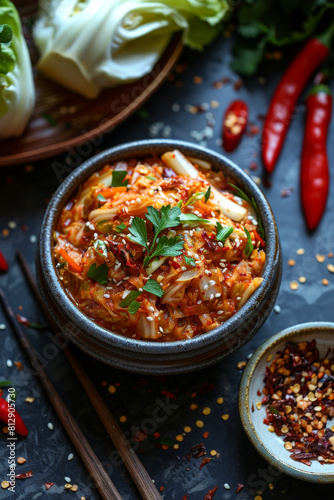 Delicious Spicy Kimchi in Ceramic Bowl with Fresh Ingredients