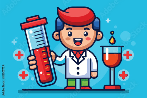 A man holds a thermometer in one hand and a glass of wine in the other, Blood test Customizable Cartoon Illustration