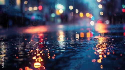 Rain drops on a wet street at night. Shallow depth of field, 