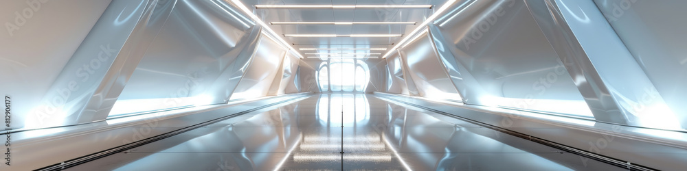 Naklejka premium Futuristic Modern Airport Terminal Hallway with Symmetrical Design and Blue Lighting