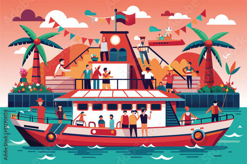 A boat filled with people floating on a body of water, Boat party Customizable Disproportionate Illustration