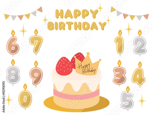誕生日_ケーキと数字キャンドル(金銀銅)