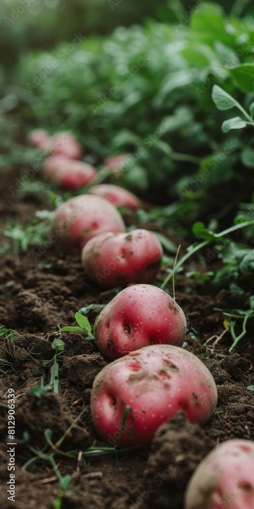 Freshly Harvested Organic Red Potatoes in Soil at Farm Freshly Harvested Organic Red Potatoes in Soil at Farm