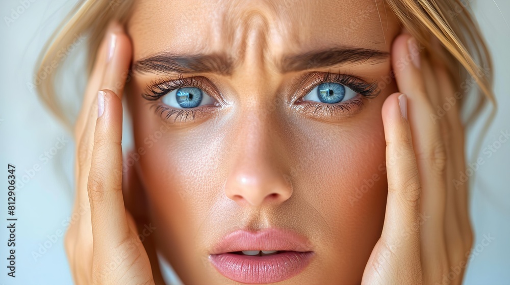 Fototapeta premium A woman with blue eyes covering her eyes with her hands